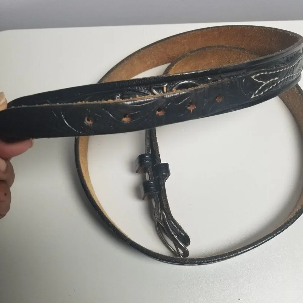 Vtg Looper Tooled Men's Black Leather Western Belt Sz 46